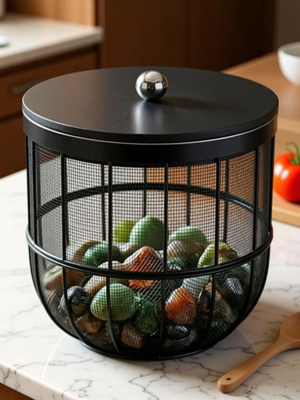 Black metal lidded storage basket